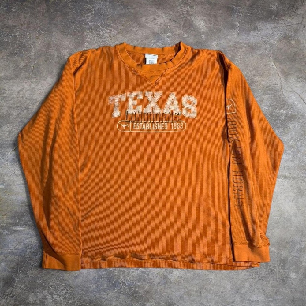 Texas Longhorns Thermal Waffle Knit Sweatshirt Orange Size L NCAA College Y2K